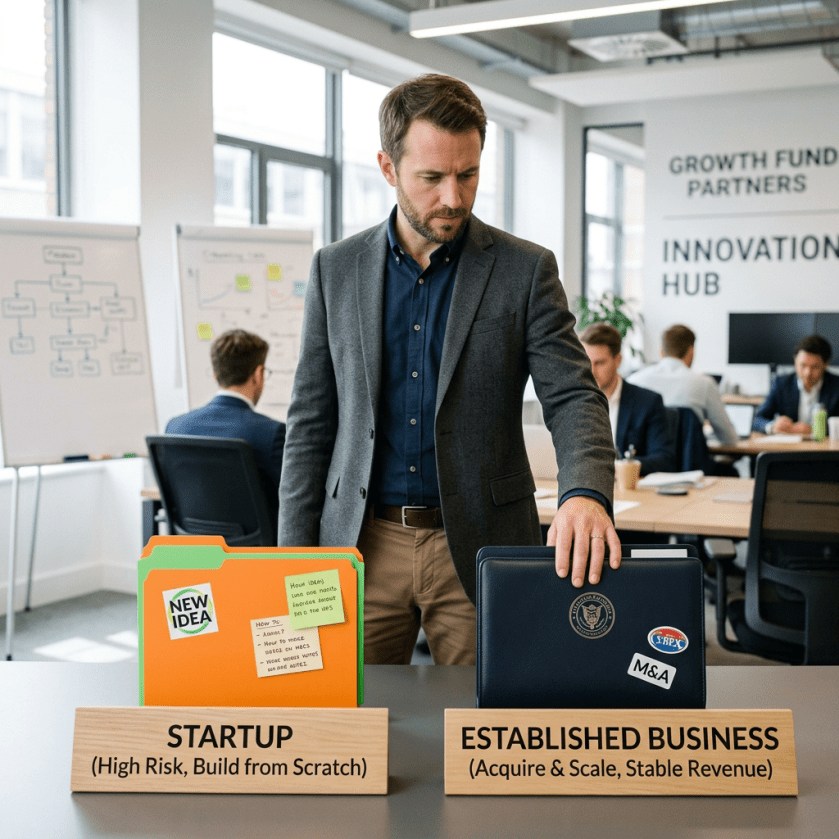 Man deciding between a folder labeled startup and a briefcase labeled established business